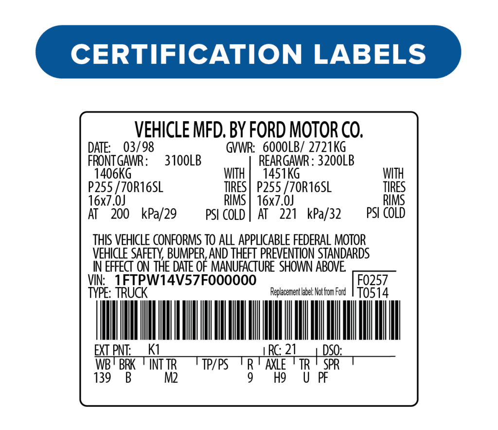 Auto Data Labels, car labels, vin labels replacement, vehicle certification label, door vin sticker replacement